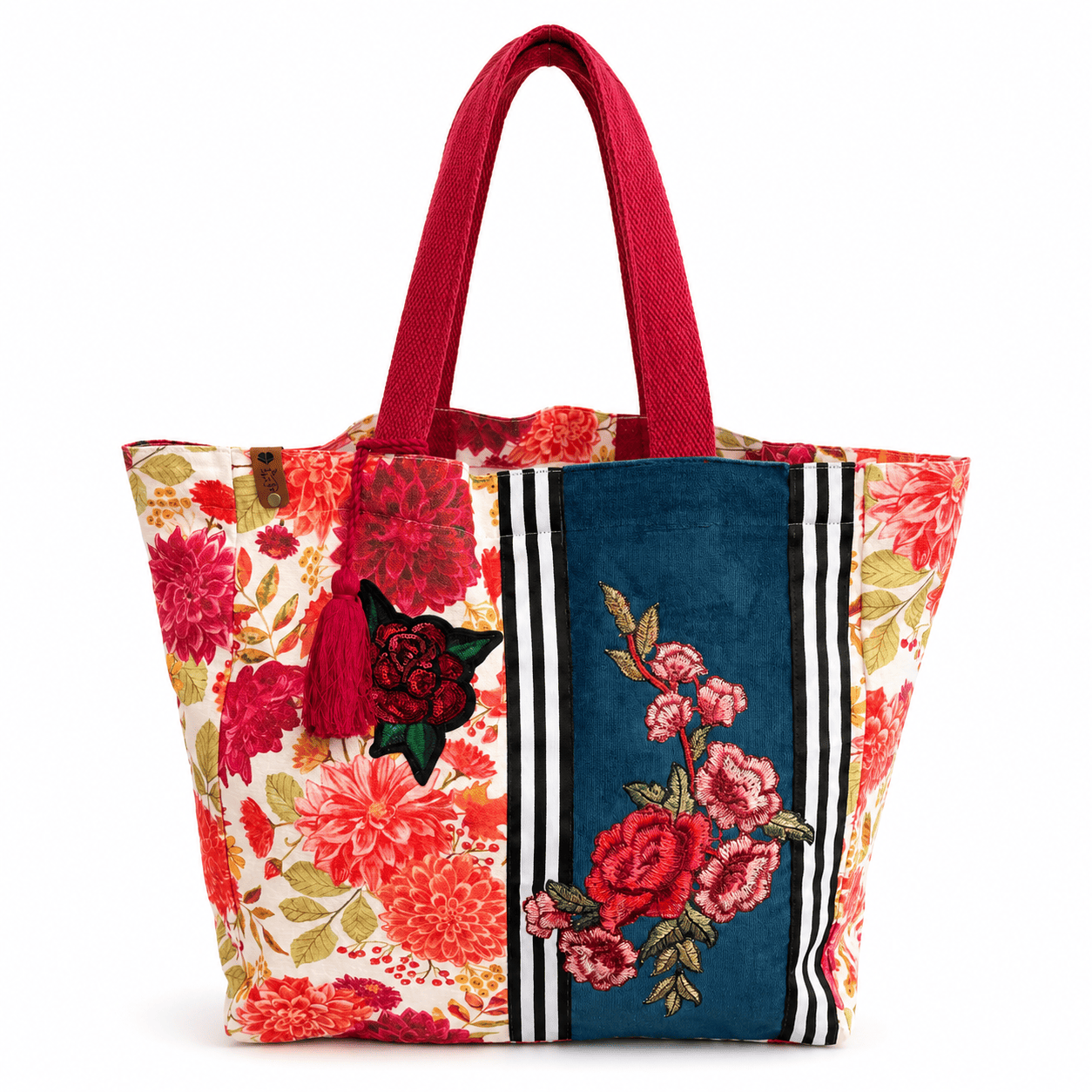 Floral Canvas Tote Bag Roses Dahlias Print Red Women Shoulder Bag
