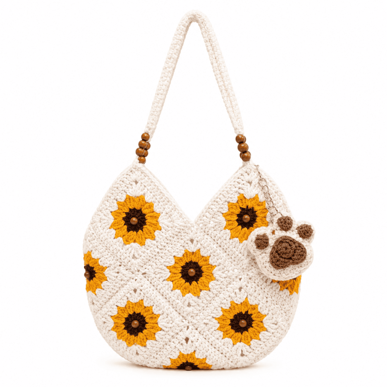 Crochet Sunflower Granny Square Wool Shoulder Crossbody Bag Wood Beads Yellow
