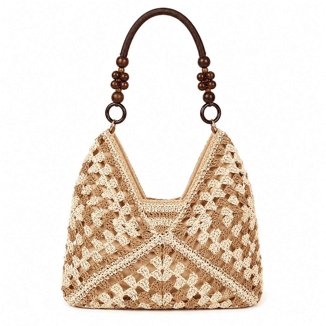 Crochet Granny Square Tote Bag Wood Bead Handles Women Shoulder Bag