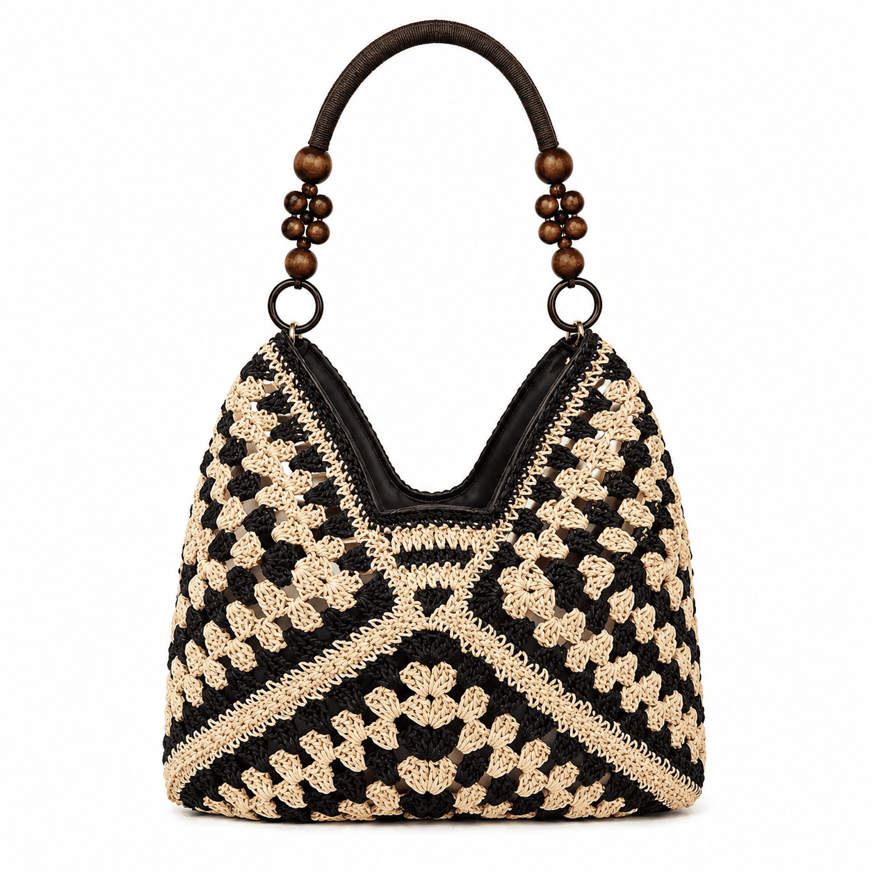 Sac Cabas Crochet Granny Square Noir Crème Anse Perles Bois Épaule 2