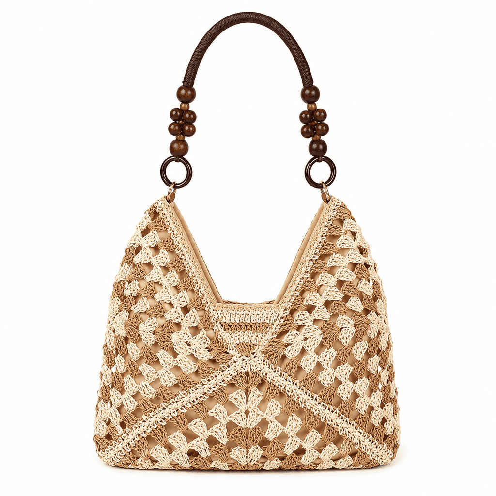 Crochet Granny Square Tote Bag with Wood Bead Handles | Women's Shoulder Bag