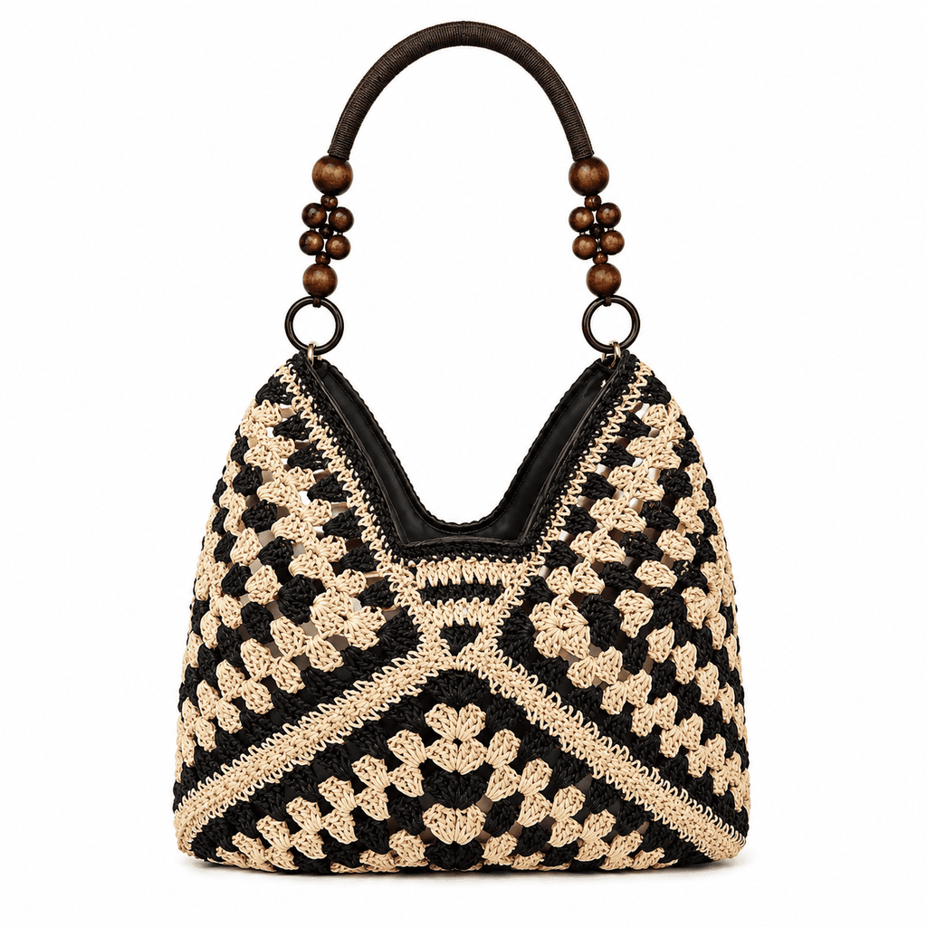 Crochet Granny Square Tote Bag with Wood Bead Handles | Women's Shoulder Bag