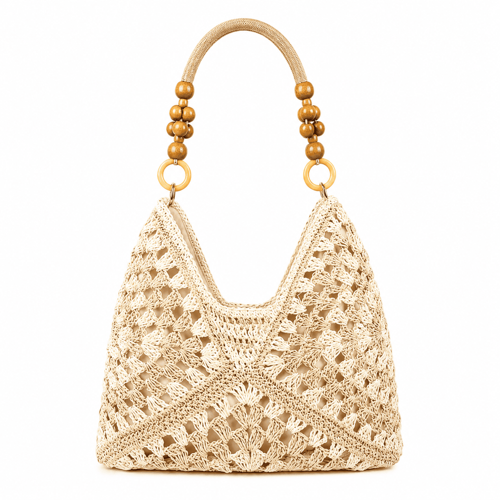 Crochet Granny Square Tote Bag with Wood Bead Handles | Women's Shoulder Bag