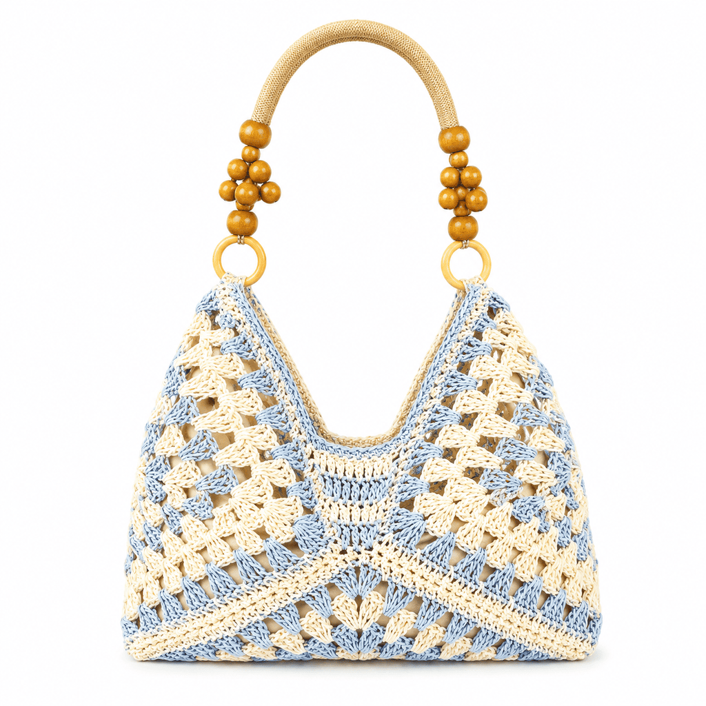 Crochet Granny Square Tote Bag with Wood Bead Handles | Women's Shoulder Bag