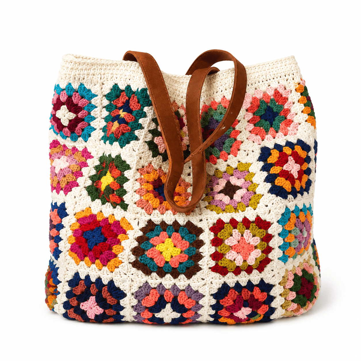 Crochet Granny Square Boho Tote Bag Mixed Colours Cotton Shoulder Bag Women